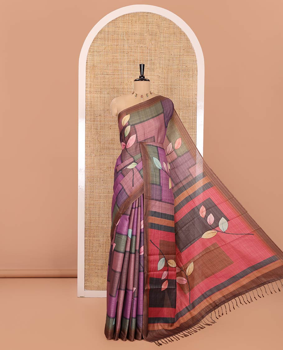 Multi-Color Tissue Saree, Decked Up with Geometric Patterns and Leaf Motifs Printed on Its Body, Complemented by a Contrast Plain Border, Pallu of the Same Print, and Paired with a Contrast Blouse
