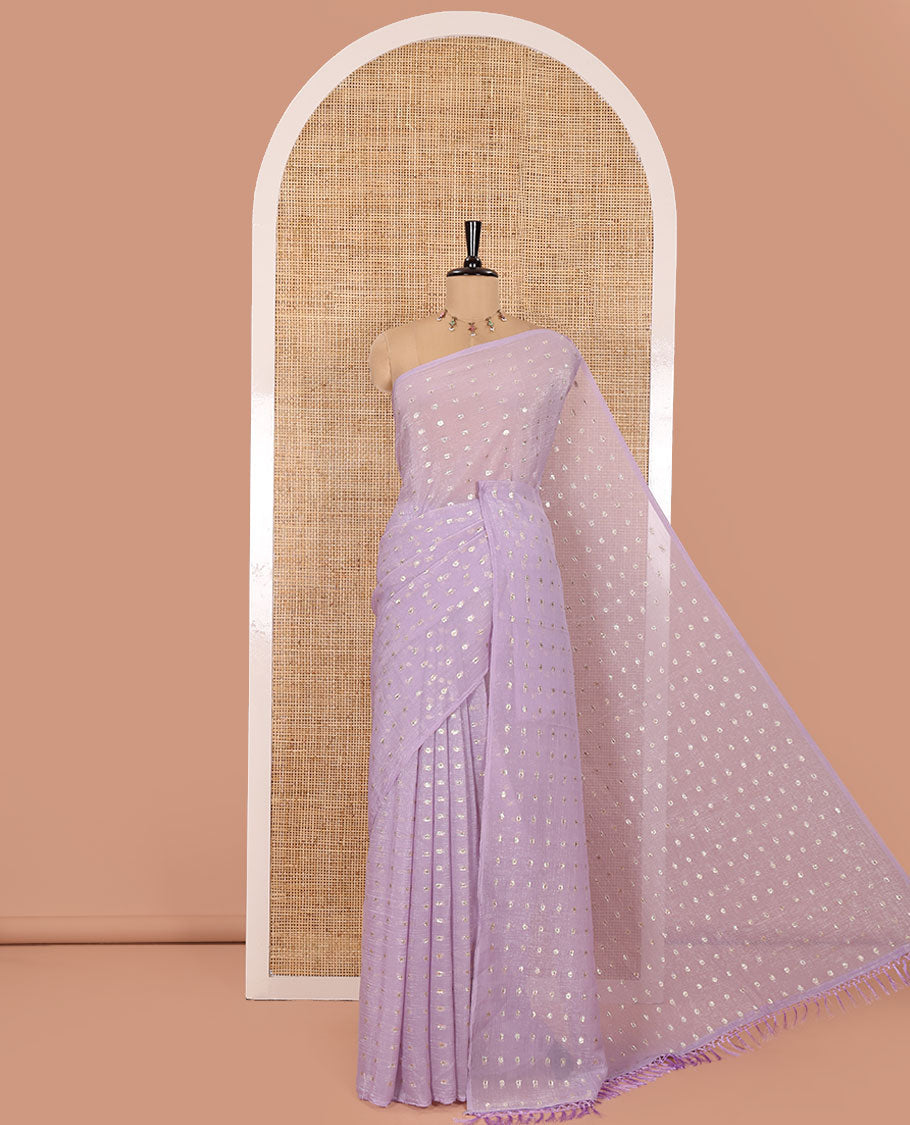 Borderless Lavender Shimmer Saree, Adorned with Zari Buttas All Over Its Body, Pallu Mirrors the Same Buttas, and Comes Without a Blouse