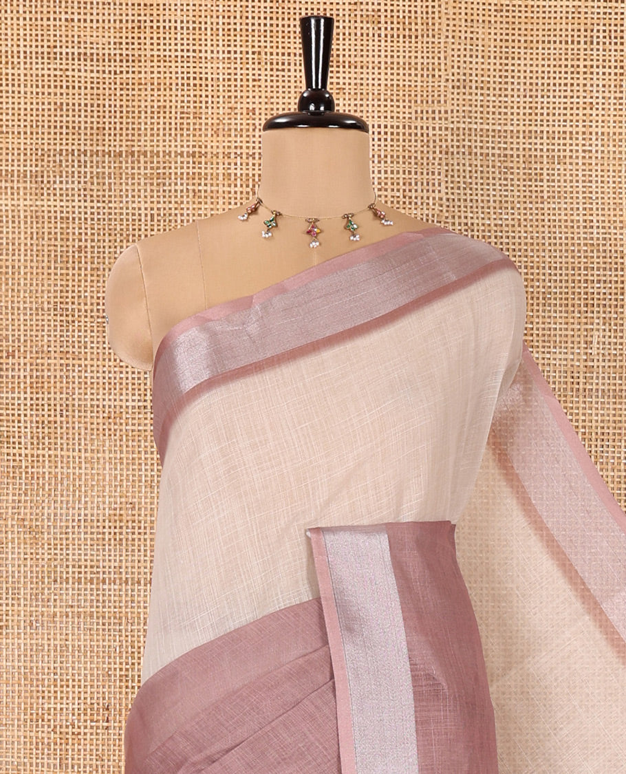 Cream and Brown Plain Linen Cotton Saree, Subtly Ombre-Style Dual-Color Dye on Its Body, Subtle Bavanji Zari Border, Pallu Features Rangoli-Style Patterns Print, and Paired with a Polka Dots Printed Blouse