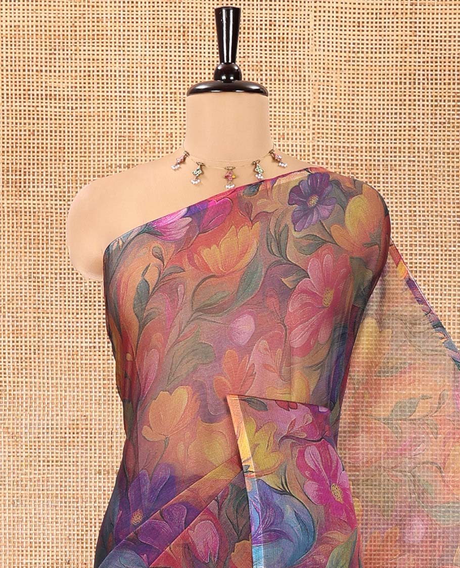 Borderless Violet Light-Weight Chiffon Saree, Beautifully Highlighted by with Floral Print on Its Body, a Self-Pallu, and Comes Without a Blouse