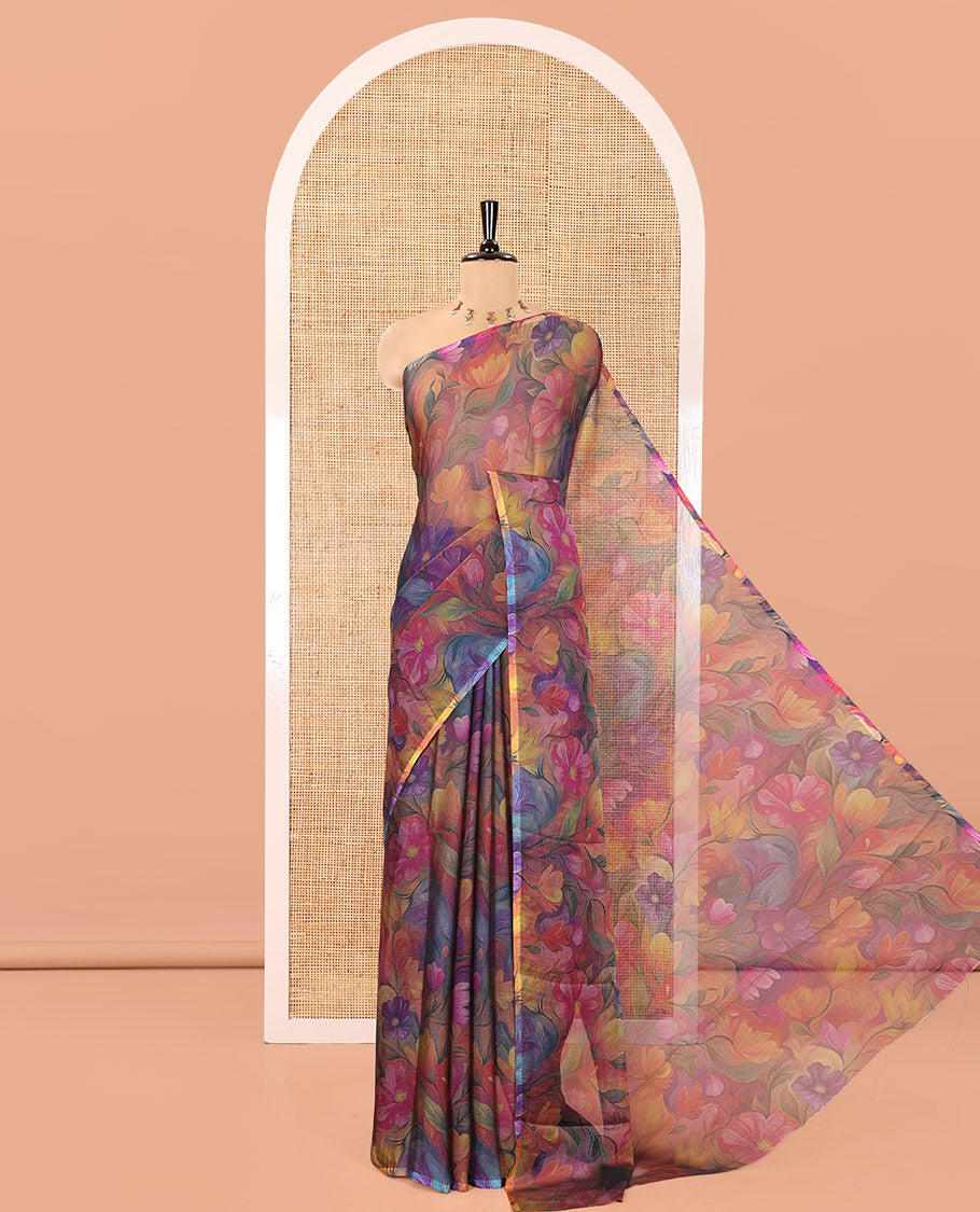 Borderless Violet Light-Weight Chiffon Saree, Beautifully Highlighted by with Floral Print on Its Body, a Self-Pallu, and Comes Without a Blouse