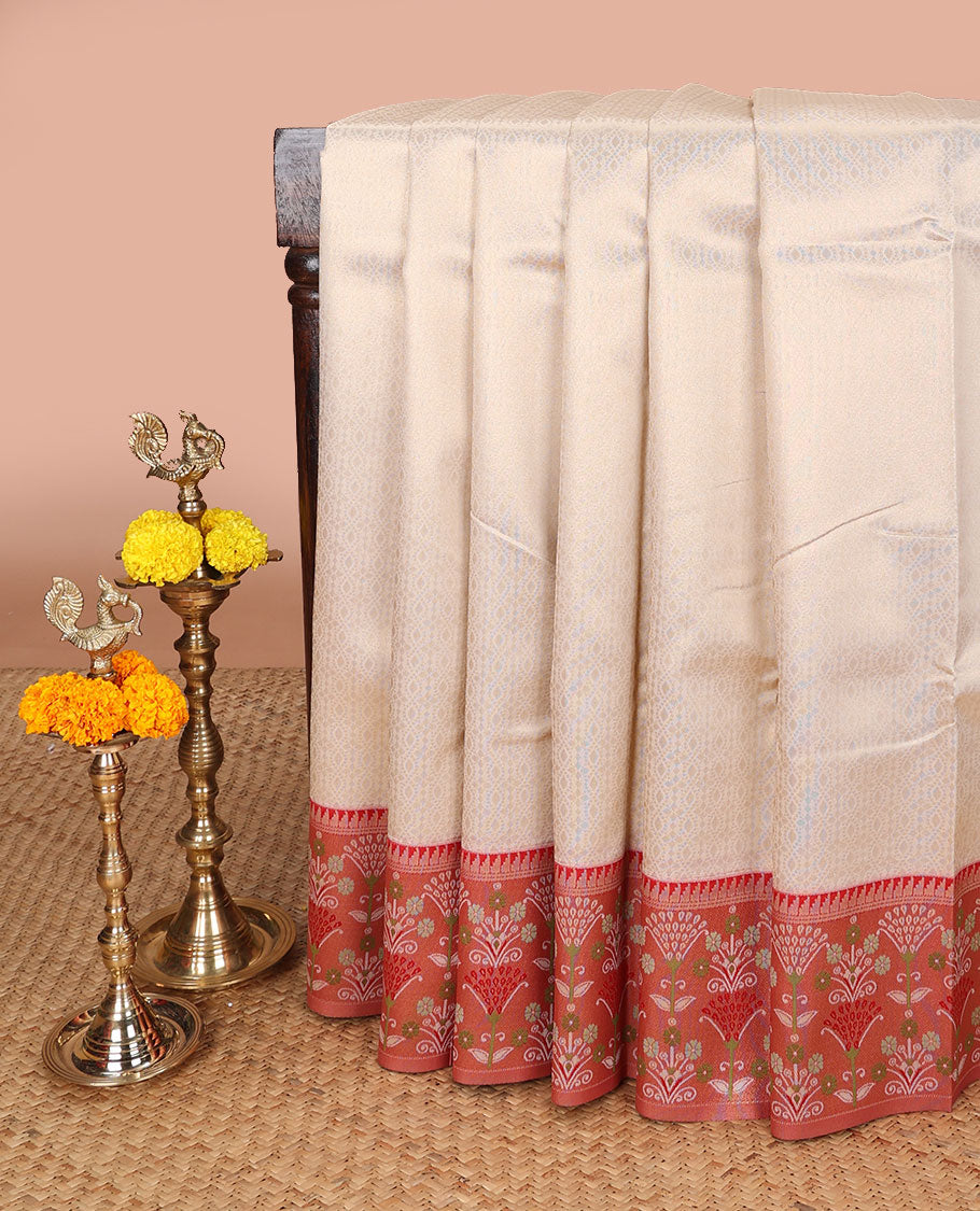 Chikku copper zari weaving litchi silk saree with contrast meena butta border & meena style design pallu along with contrast blouse