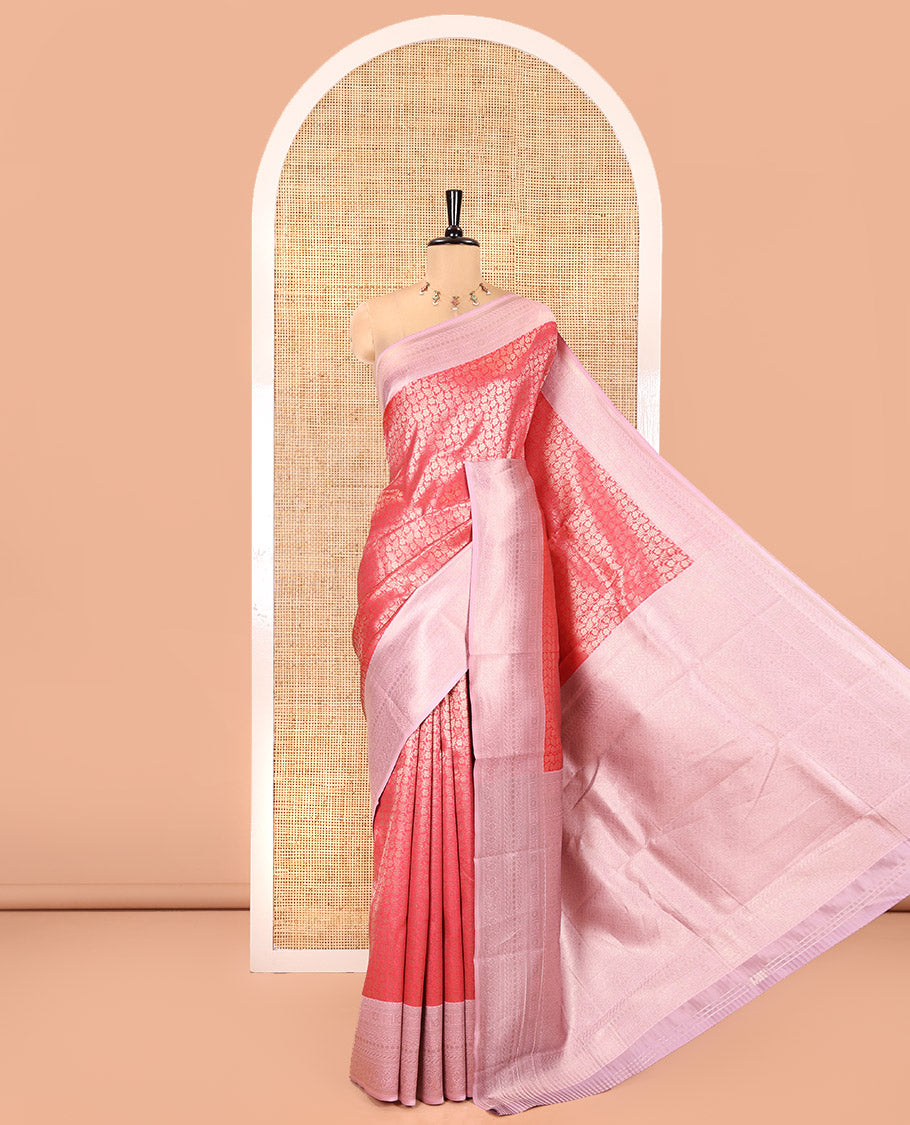 Rani Pink Kanchi Silk Saree, Gleamed Up with Floral-Leaf Jacquard Design on Its Body, Complemented by a Contrast Traditional Zari Design Border, Intricately Designed Pallu, and Paired with a Contrast Blouse