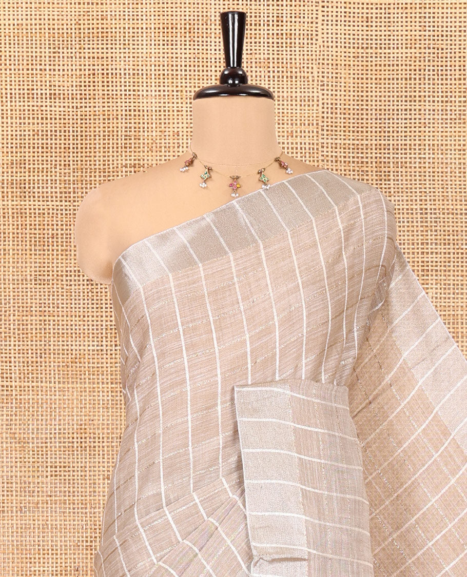 Beige Jute Linen Cotton Saree, Adorned with Checked Design on Its Body, a Subtle Self-Border, Striped Pallu, and Paired with a Matching Thread Embroidered Blouse