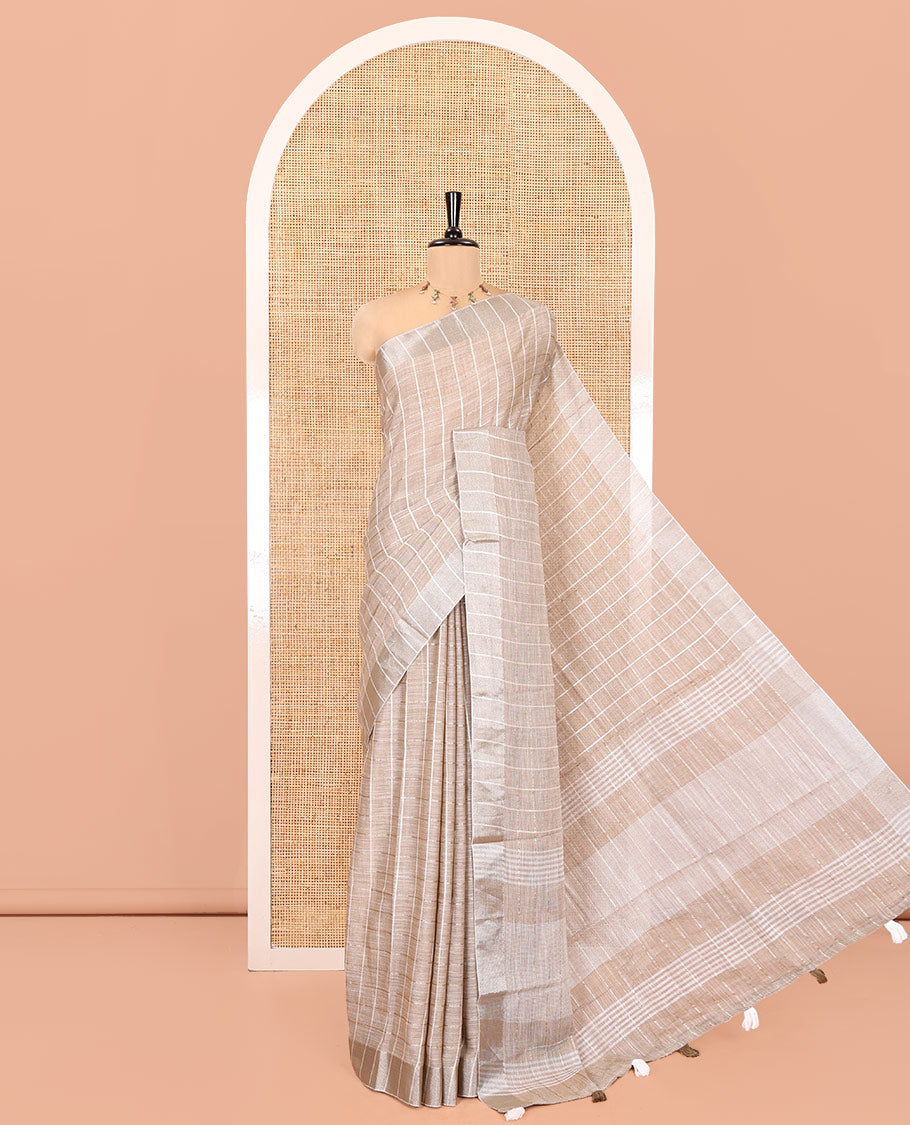 Beige Jute Linen Cotton Saree, Adorned with Checked Design on Its Body, a Subtle Self-Border, Striped Pallu, and Paired with a Matching Thread Embroidered Blouse