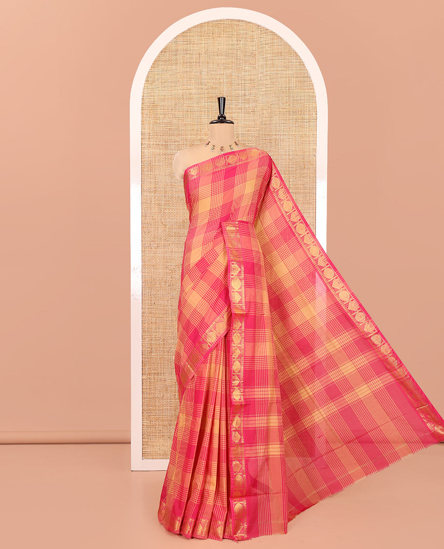 Pink-Sandal Chettinad Cotton Saree, Accentuated with Checks, Zari Border of House Motifs, and Matching Blouse