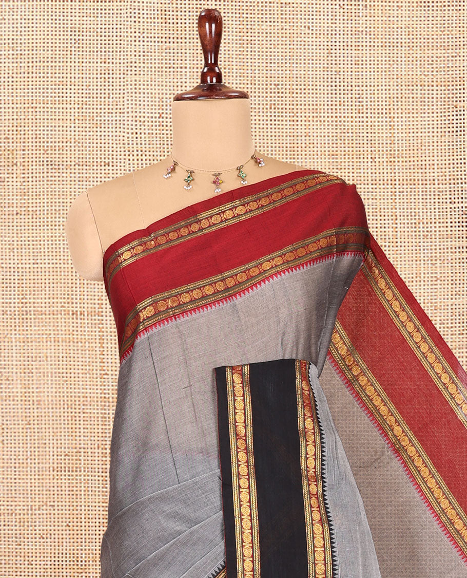 Grey Plain Mercerised Cotton Saree, Contrast Ganga-Jamuna Temple Rudraksha Border, Striped Pallu, and a Matching Blouse