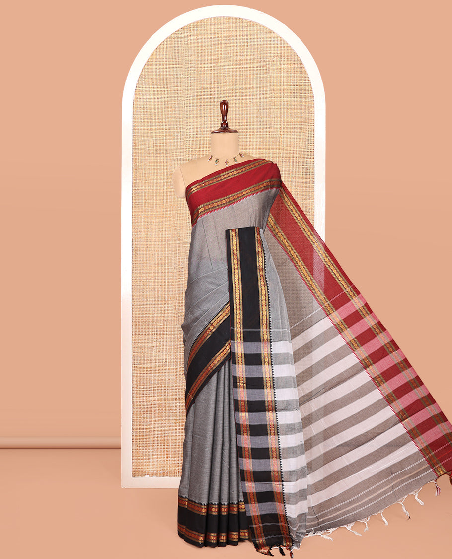 Grey Plain Mercerised Cotton Saree, Contrast Ganga-Jamuna Temple Rudraksha Border, Striped Pallu, and a Matching Blouse