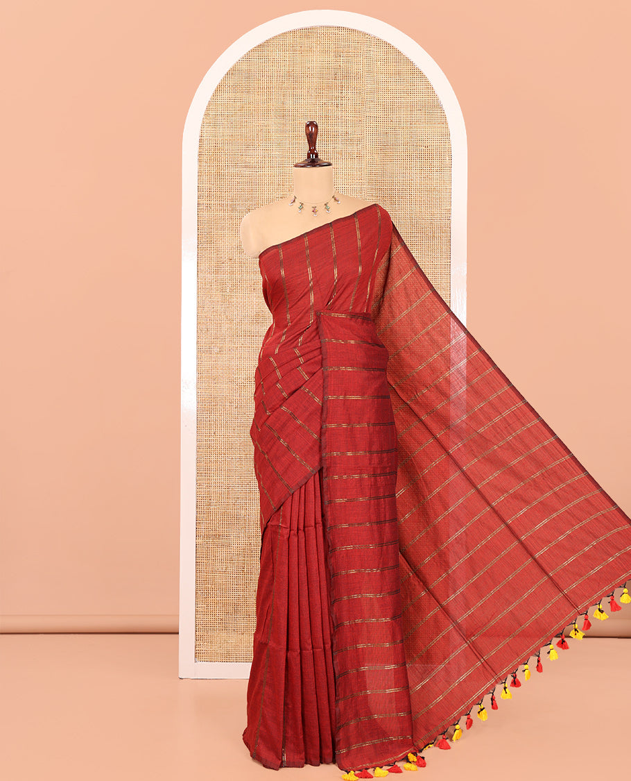 Borderless Maroon Khadi Cotton Saree Features Double Stripes, a Self-Pallu of Tassels, and a Matching Blouse