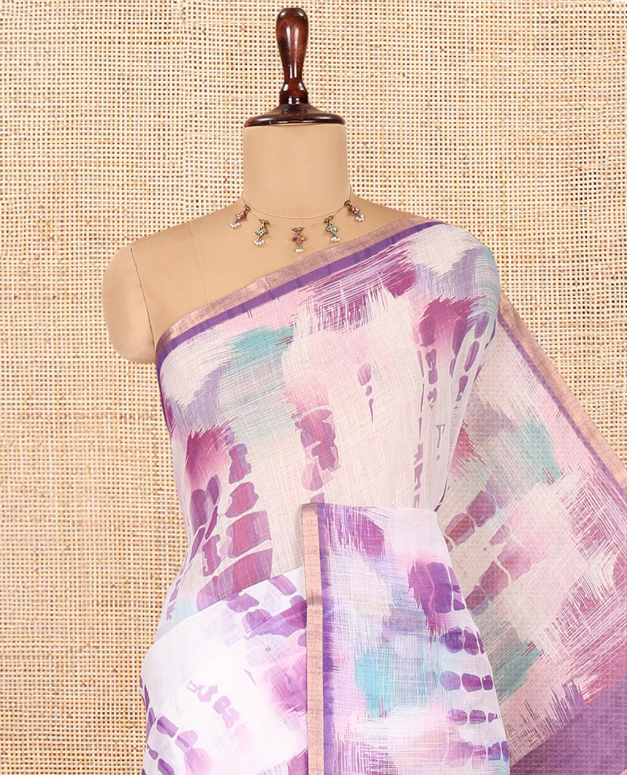 White-Violet Linen Cotton Saree, Decked Up with Shibori Print, a Piping Border, Shibori-Printed Pallu, and a Contrast Blouse