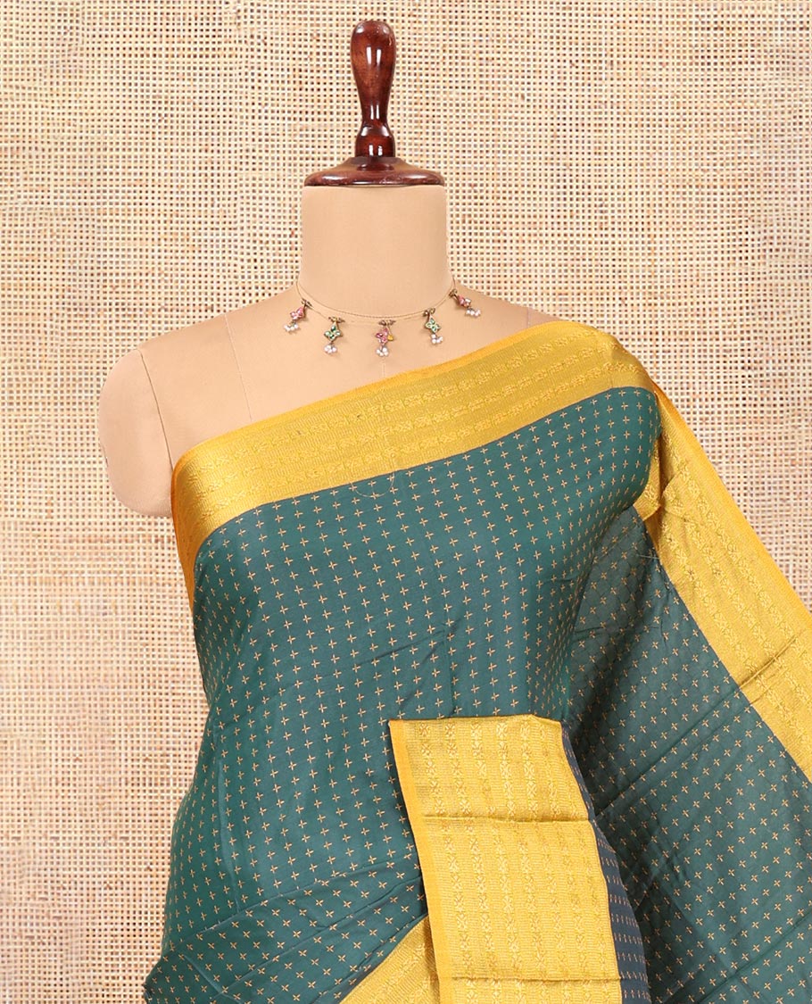 Green-Yellow Semi-Soft Silk Saree, Adorned with Plus-Shaped Buttas, Complemented by a Contrast Border, Striped Pallu, and a Contrast Blouse