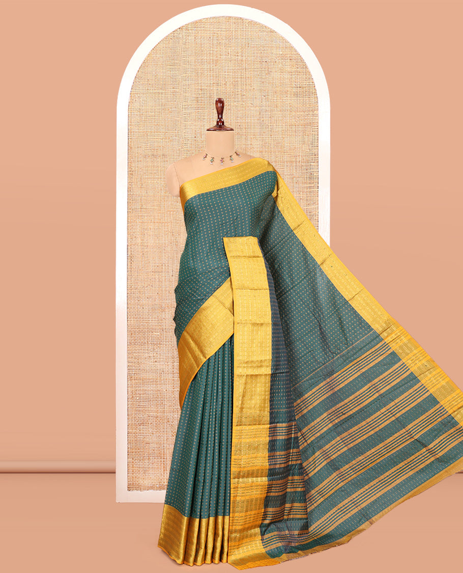 Green-Yellow Semi-Soft Silk Saree, Adorned with Plus-Shaped Buttas, Complemented by a Contrast Border, Striped Pallu, and a Contrast Blouse