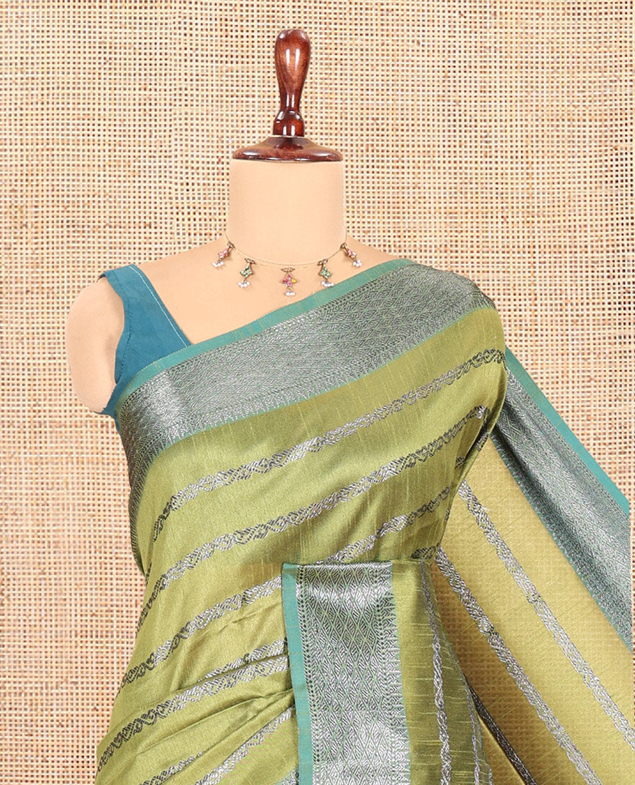 Green Zari-Striped Semi-Raw Silk Saree, a Contrast Zari Border, Intricate Pallu, and Contrast Blouse