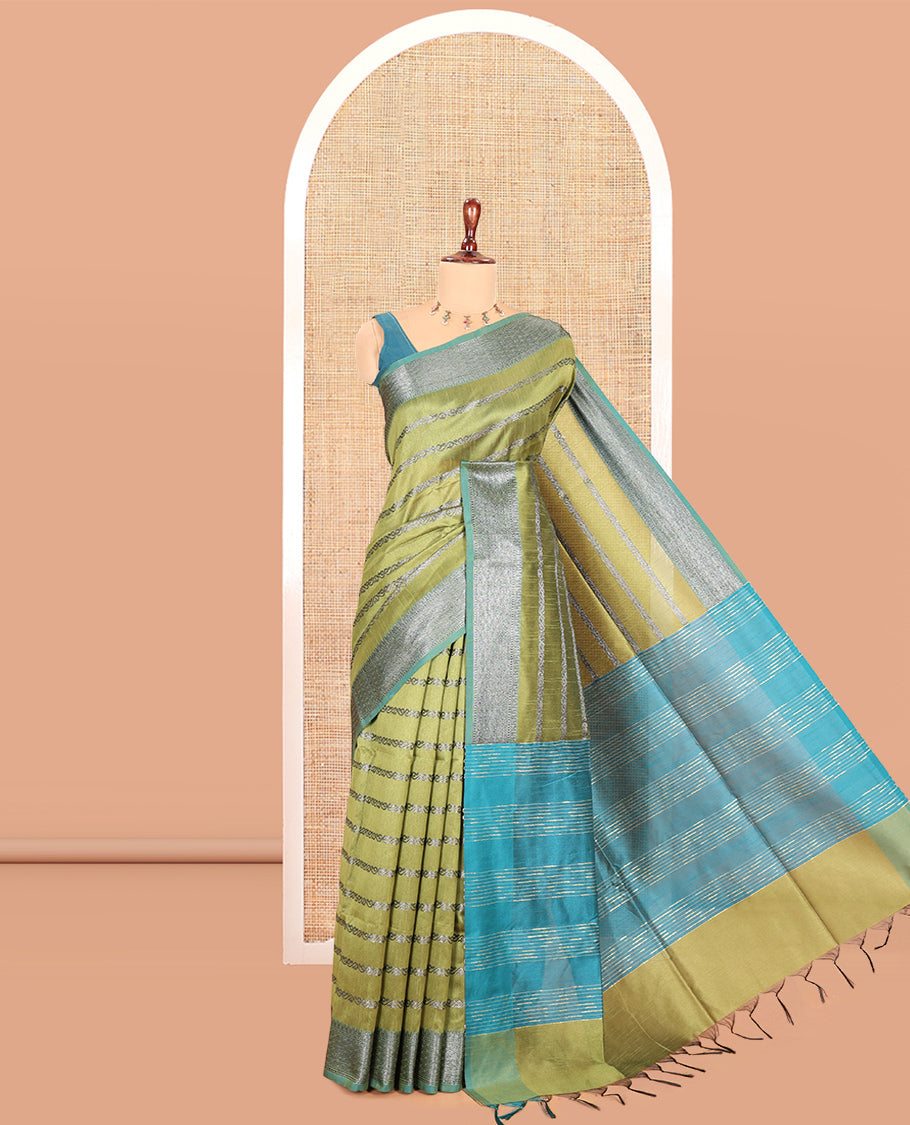 Green Zari-Striped Semi-Raw Silk Saree, a Contrast Zari Border, Intricate Pallu, and Contrast Blouse