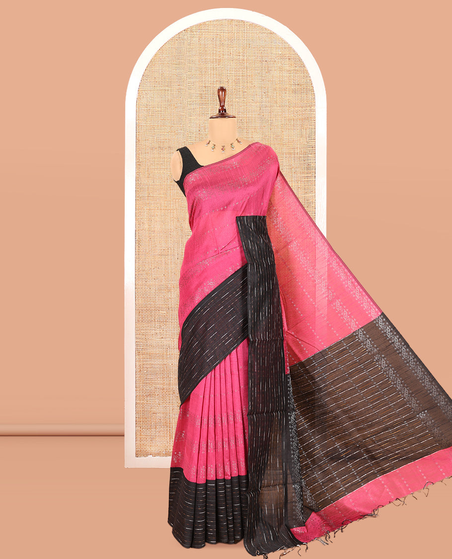 Rani Pink Semi-Raw Silk Saree, Sparsely Woven with Zari Designs, a Contrast Striped Border, Striped Pallu, and a Contrast Blouse