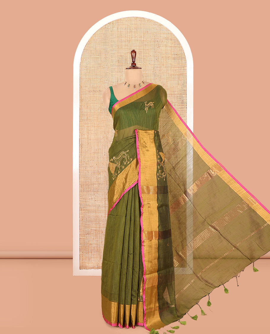 Olive Green Linen Cotton Saree