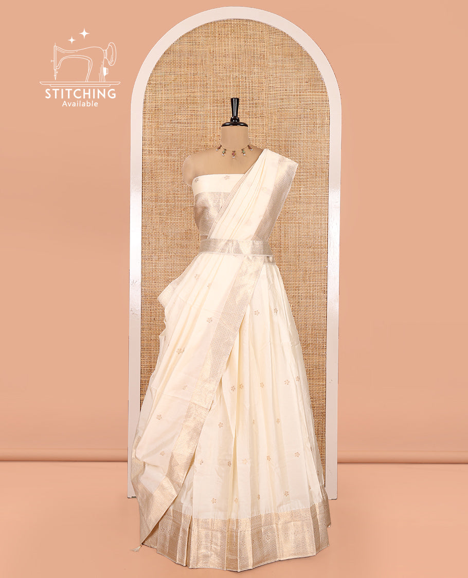Cream Semi-Banarasi Half-Saree Featuring Zari Buttas Skirt, Traditional Zari Border, Matching Blouse, Zari Buttas Dhavani