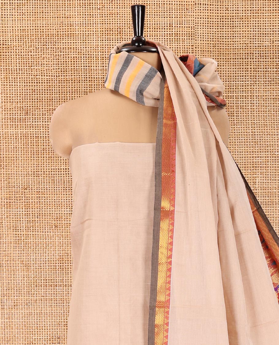 Cream Mercerised Cotton Material Chudidar Set, Entralled with Paithani Bordered Top, a Mercerised Cotton Bottom, and Paired with a Matching Mercerised Cotton Paithani Bordered Dupatta