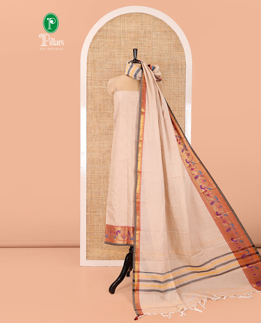 Cream Mercerised Cotton Material Chudidar Set, Entralled with Paithani Bordered Top, a Mercerised Cotton Bottom, and Paired with a Matching Mercerised Cotton Paithani Bordered Dupatta