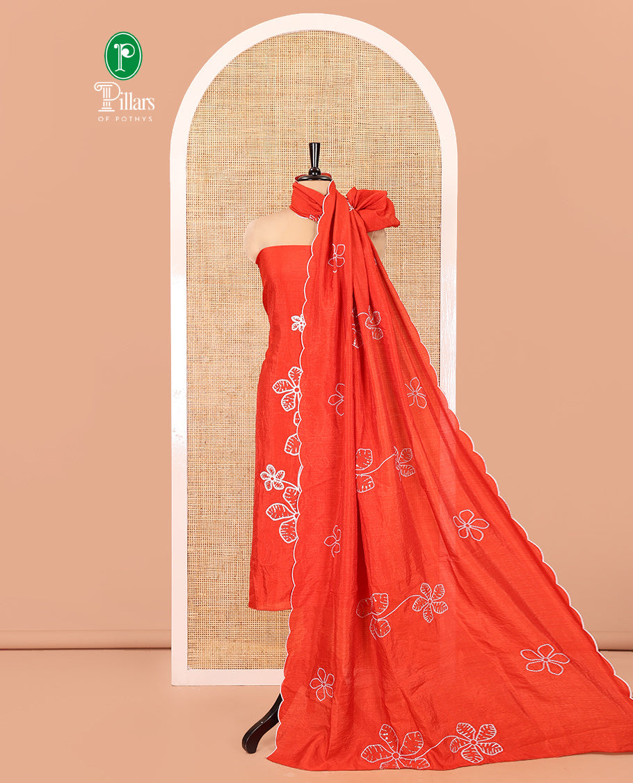 Orange Material Chudidar Set, Delicately Woven with Floral Thread Embroidered Mul Chanderi Top, a Mul Chanderi Bottom, Paired with Floral Thread-Embroidered Mul Chanderi Dupatta