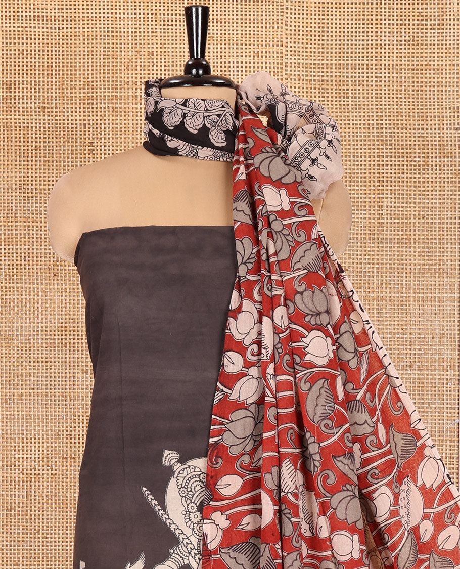 Cream-Black Cotton Material Chudidar Features Kalamkari Ancient Humans Printed Top, Contrast Bottom, Kalamkari Dupatta