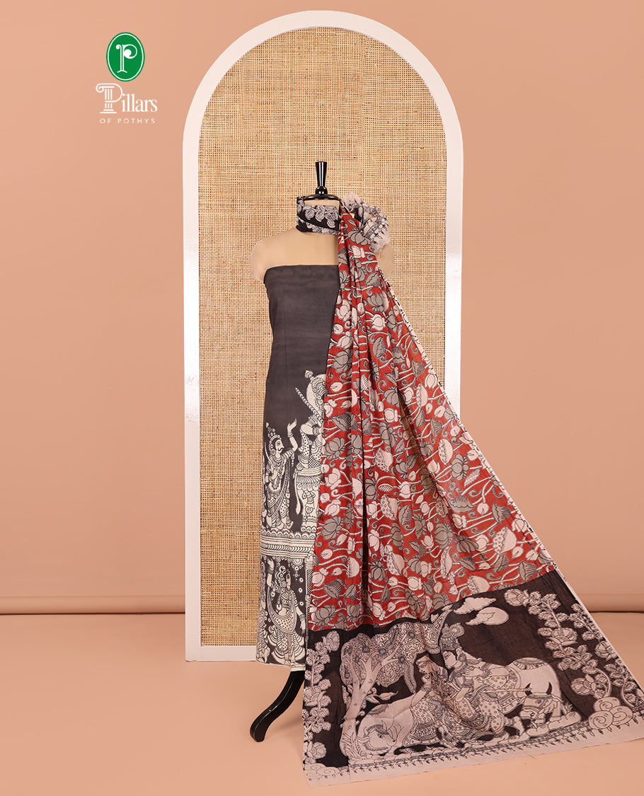 Cream-Black Cotton Material Chudidar Features Kalamkari Ancient Humans Printed Top, Contrast Bottom, Kalamkari Dupatta