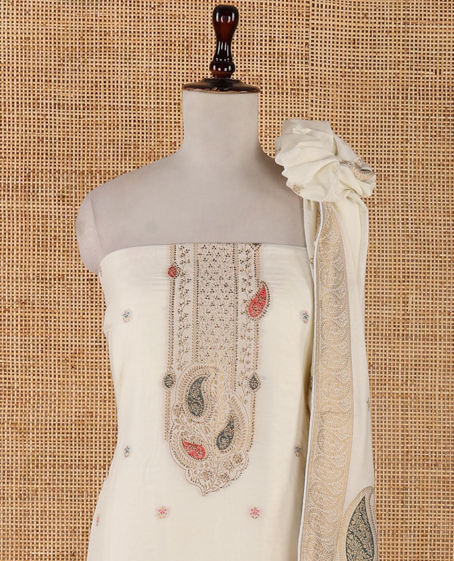 Cream banarasi mal chanderi material chudidar set,meena zari butta & zari swarovski stonework top,plain bottom & zari design dupatta
