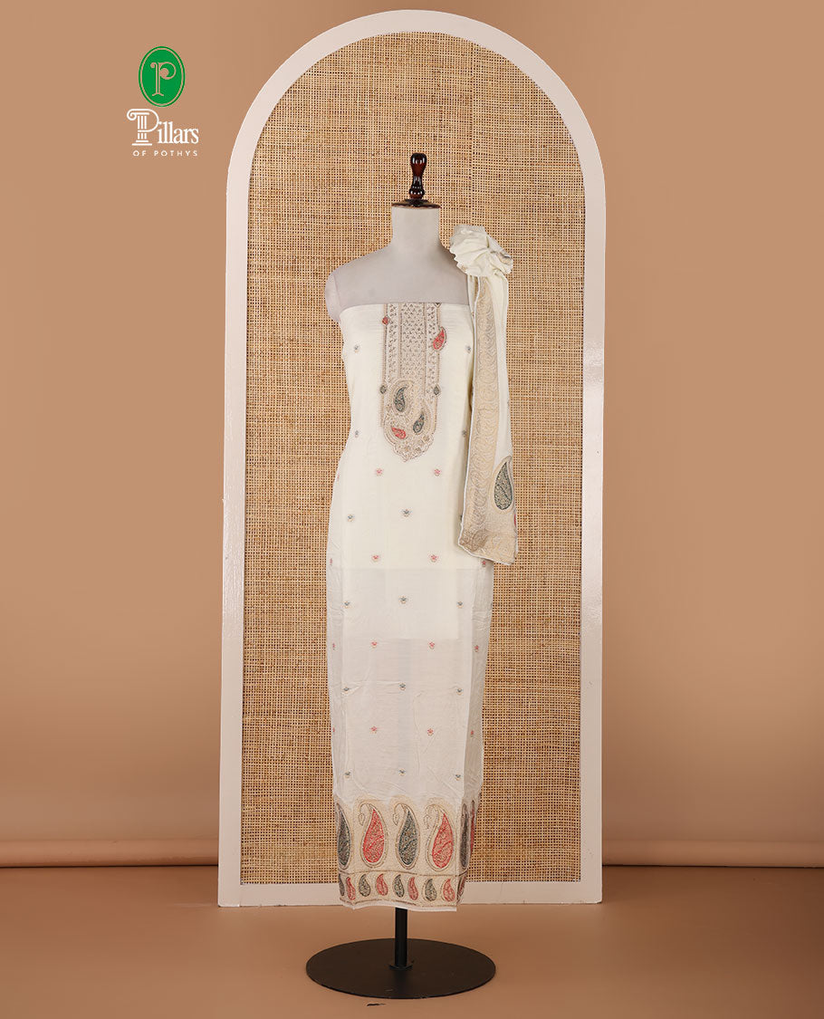 Cream banarasi mal chanderi material chudidar set,meena zari butta & zari swarovski stonework top,plain bottom & zari design dupatta