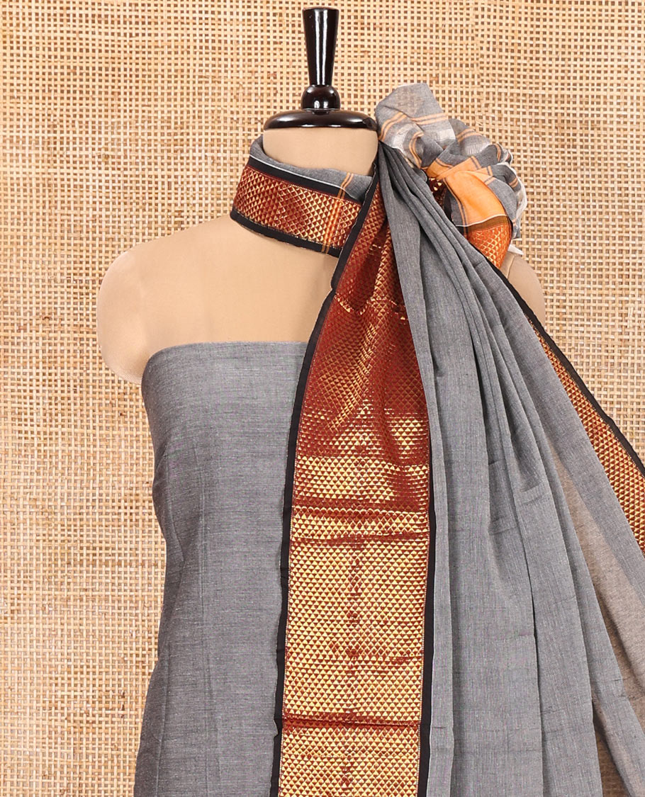 Grey Mercerised Cotton Material Churidar Set, Subtly Made with Plain and Traditional Ara Maadam Bordered Top, Comes with a Plain Mercerised Cotton Bottom, and Is Paired with a Mercerised Cotton Ara Maadam Woven Dupatta