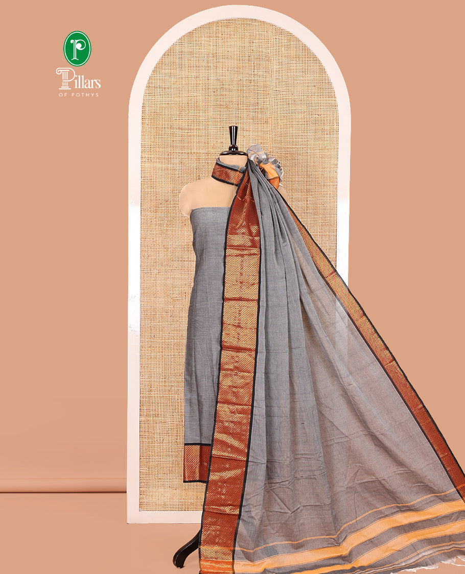 Grey Mercerised Cotton Material Churidar Set, Subtly Made with Plain and Traditional Ara Maadam Bordered Top, Comes with a Plain Mercerised Cotton Bottom, and Is Paired with a Mercerised Cotton Ara Maadam Woven Dupatta