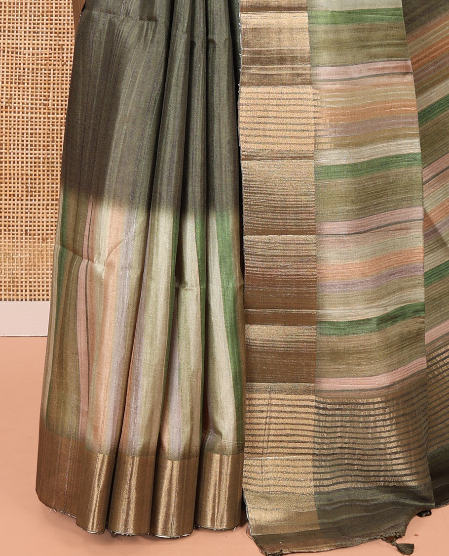 Olive Green Plain Fancy Tussar Saree, Highlighted by a Zari Bavanji Handbrush Painting-Style Striped Border, Striped Pallu, and Paired with a Matching Blouse