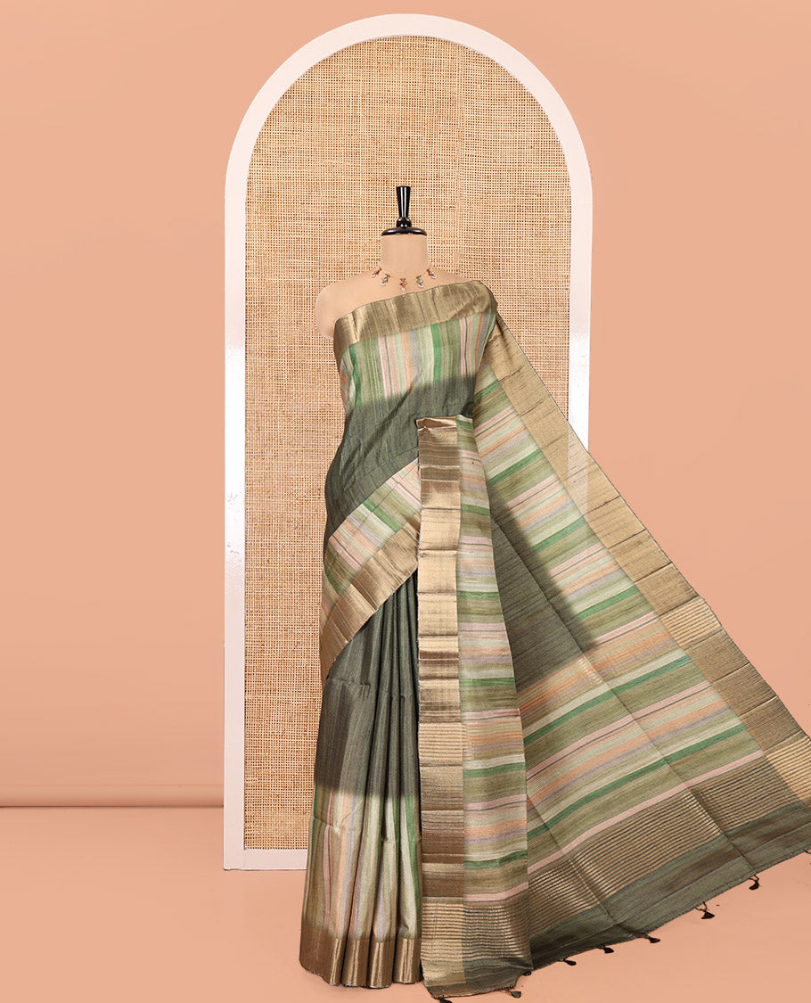 Olive Green Plain Fancy Tussar Saree, Highlighted by a Zari Bavanji Handbrush Painting-Style Striped Border, Striped Pallu, and Paired with a Matching Blouse