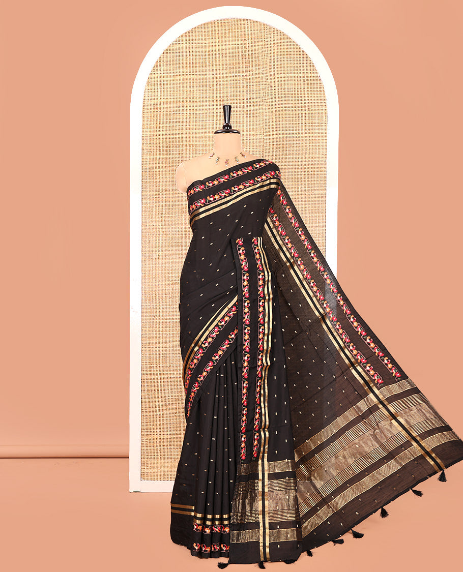Black Assam Silk Saree, Adorned with Buttas on Its Body, Highlighted by a Self-Border of Paithani-Style Floral-Bird Motifs, Zari Striped Pallu, and Paired with a Matching Blouse