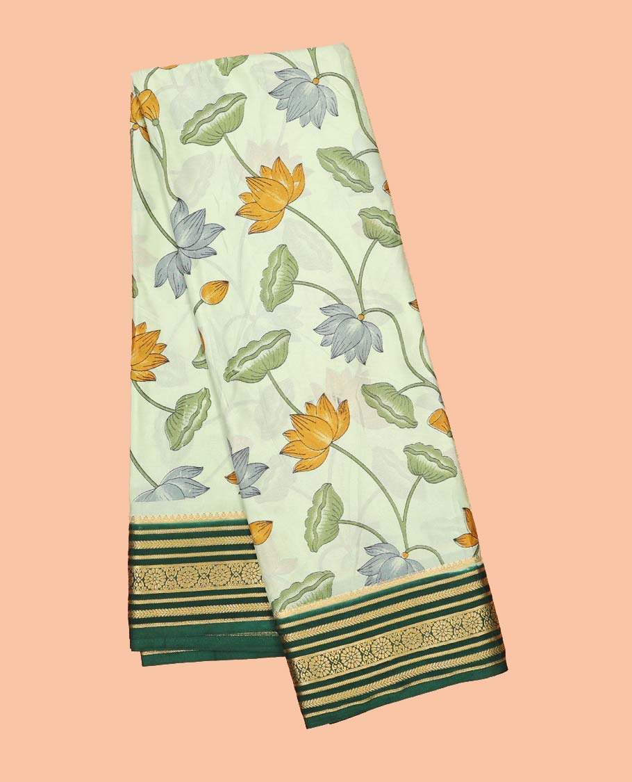 Green pichwai-style floral vine printed semi-banaras printed saree, contrast traditional design border & stripes of pallu