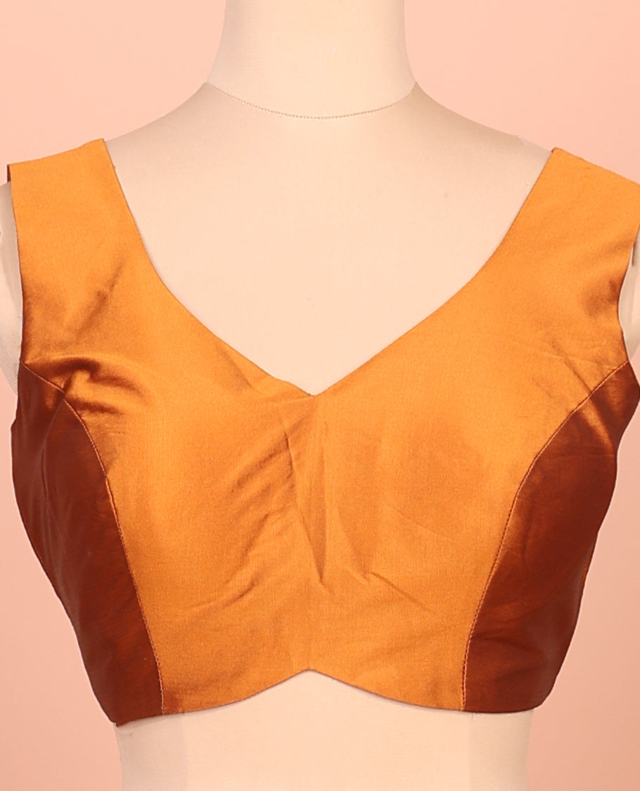 Orange Plain Readymade Blouse Featuring a Front V-Neck, Back Deep V-Neck, and Sleeveless