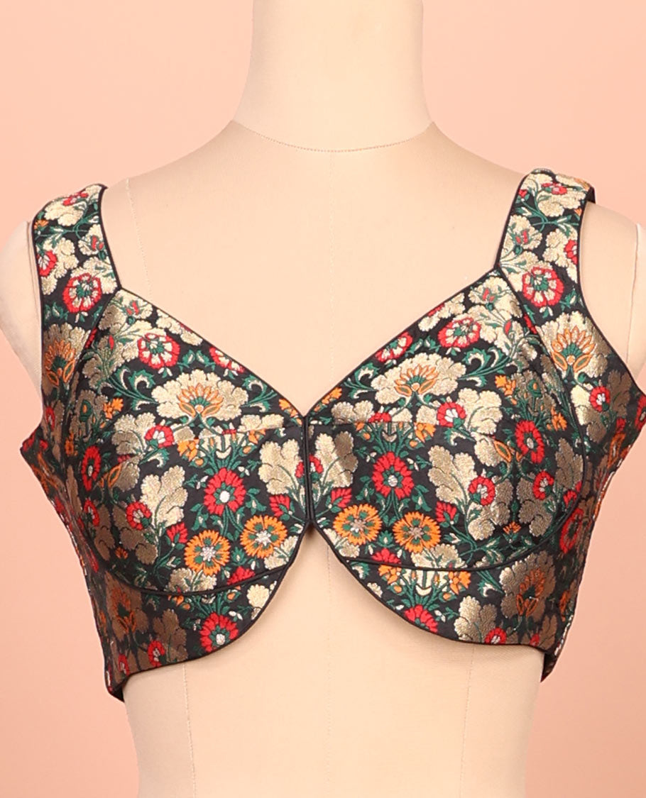 Black floral meenakari jacquard front-back V-neck sleeveless readymade blouse