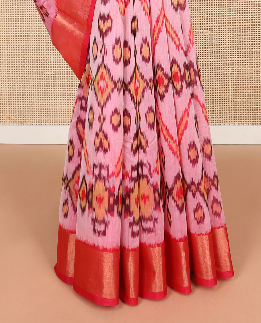Red ikkat style geometric design silk cotton saree with contrast zari border & ikkat floral design pallu