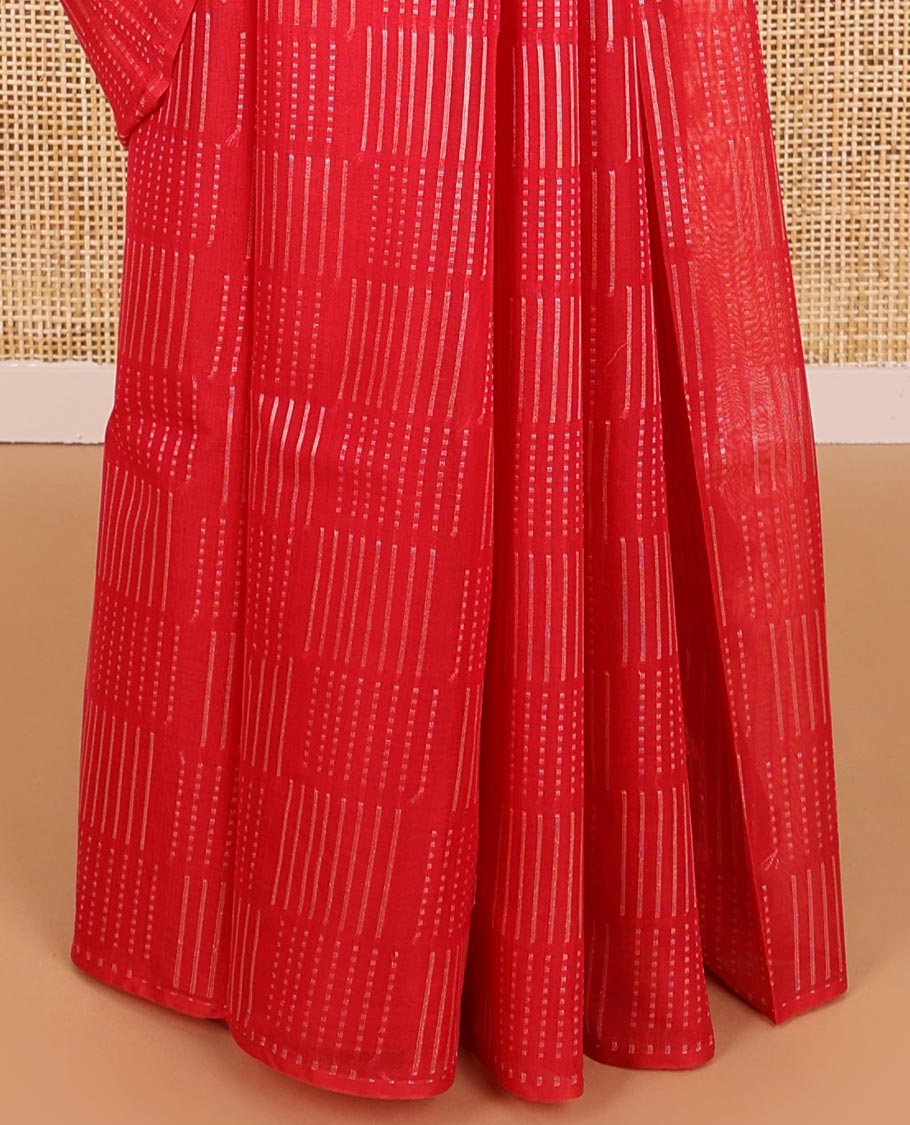 Borderless red striped silk cotton saree with geomteric design pallu