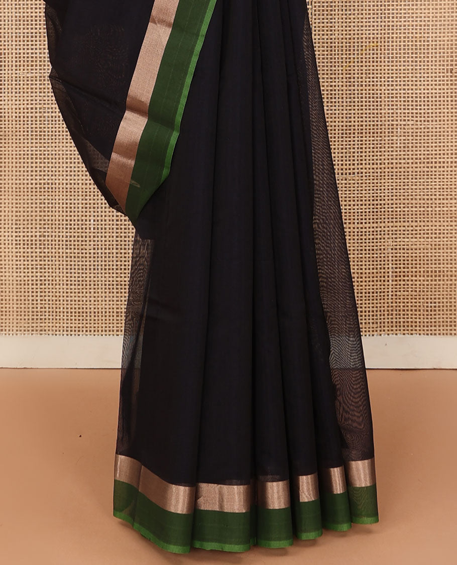 Black plain silk cotton saree, contrast zari striped border, and plain pallu