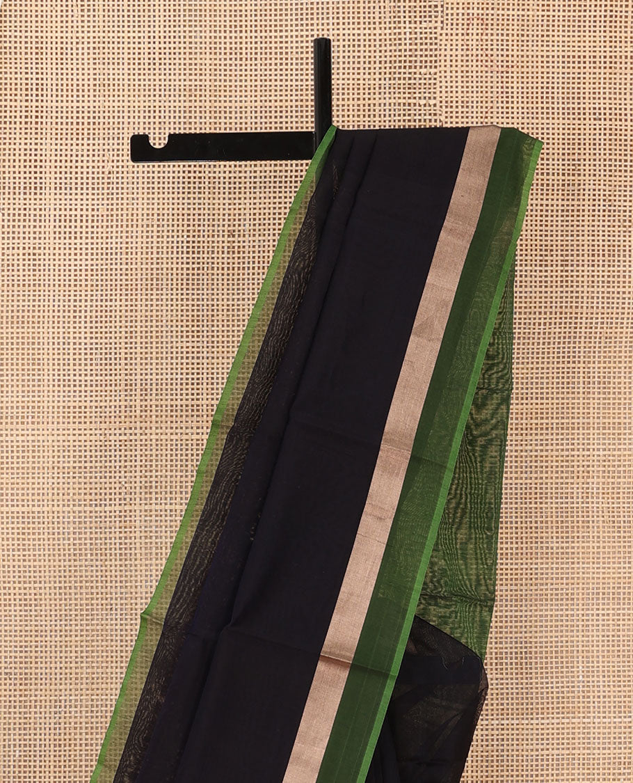 Black plain silk cotton saree, contrast zari striped border, and plain pallu