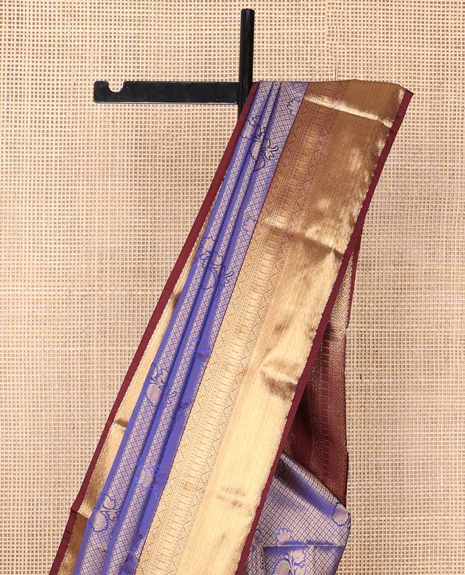 Blue checked, floral motifs soft silk saree with contrast zari design border & floral design pallu