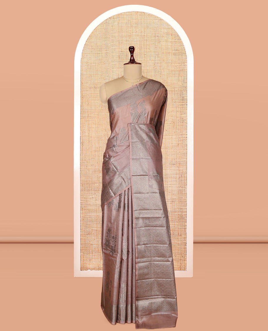 Brown Tusser Silk Saree, Enthralled with Zari Buttas, a Subtle Zari Border, Grand Pallu, and a Matching Blouse