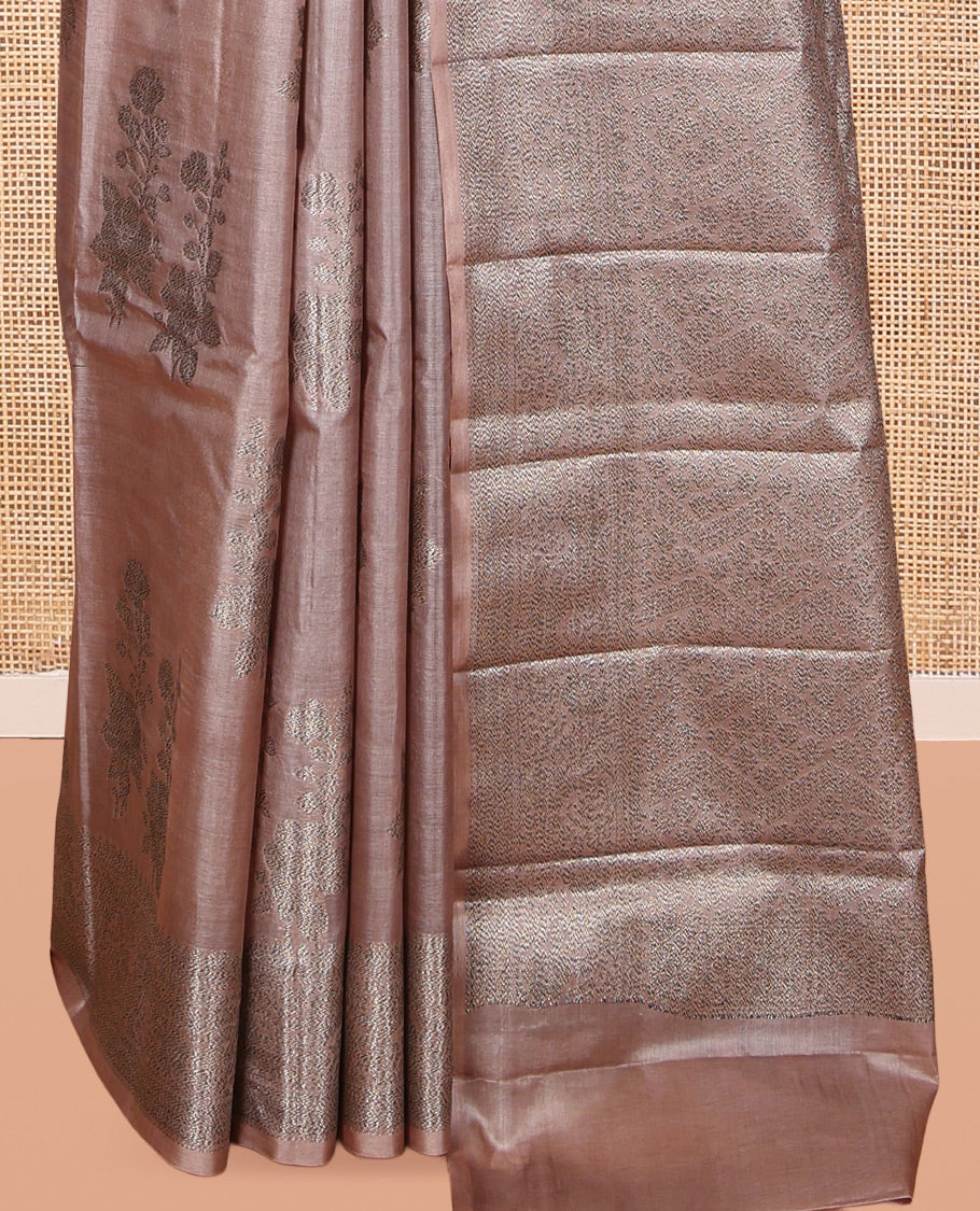 Brown Tusser Silk Saree, Enthralled with Zari Buttas, a Subtle Zari Border, Grand Pallu, and a Matching Blouse