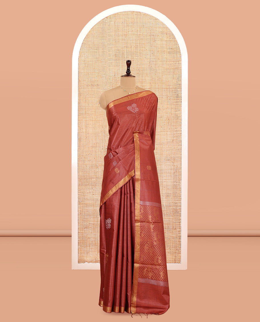 Rust Tussar Saree Featuring Floral Buttas, a Subtle Zari Border, Pallu of Polka Dot and Floral Designs, and a Matching Blouse