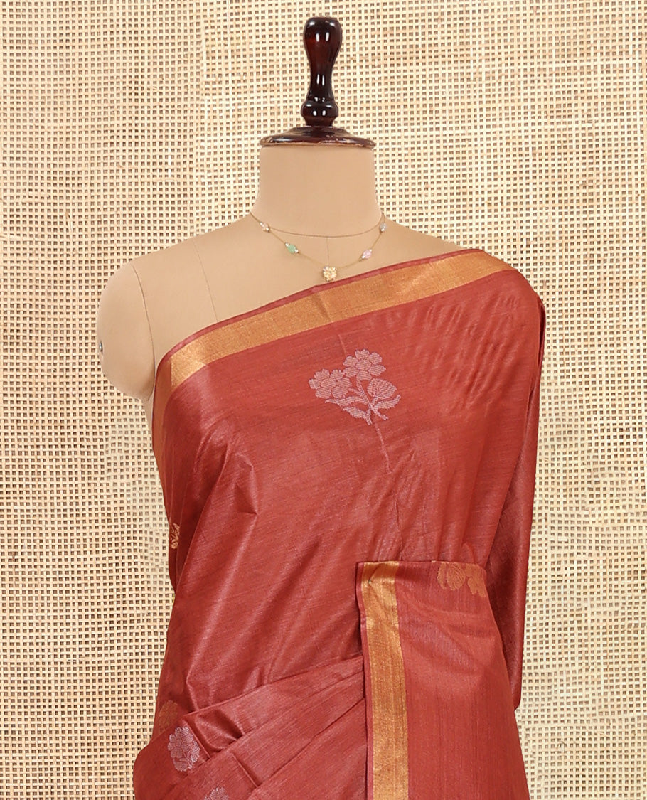 Rust Tussar Saree Featuring Floral Buttas, a Subtle Zari Border, Pallu of Polka Dot and Floral Designs, and a Matching Blouse