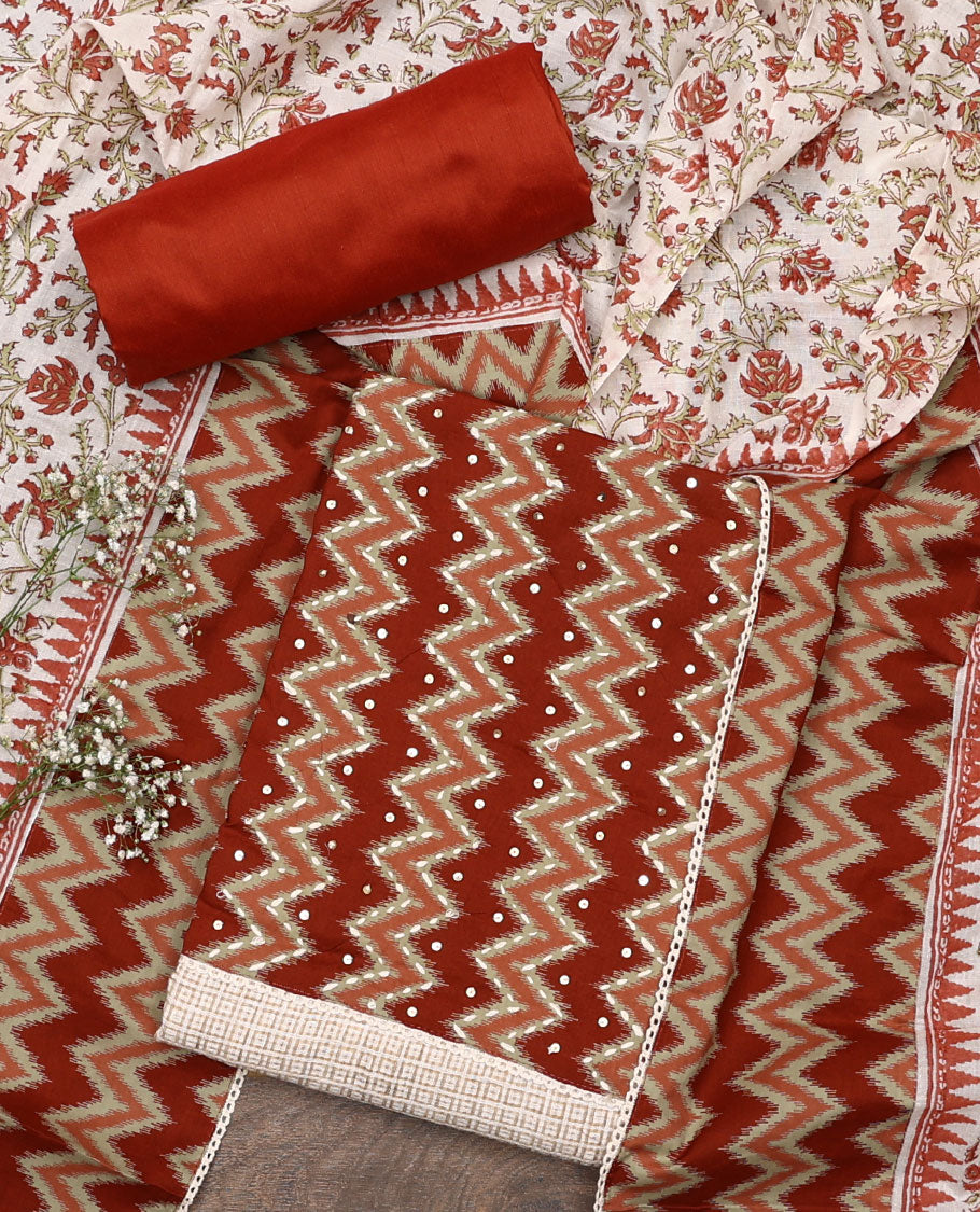 Sandal and red color material chudidar set, checks with neck ikkat embroidered top, plain bottom, and floral and chevron printed dupatta