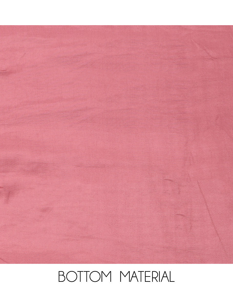 Pink material churidar set, leaf motifs top, plain bottom, and a dupatta steeped with leaf motifs