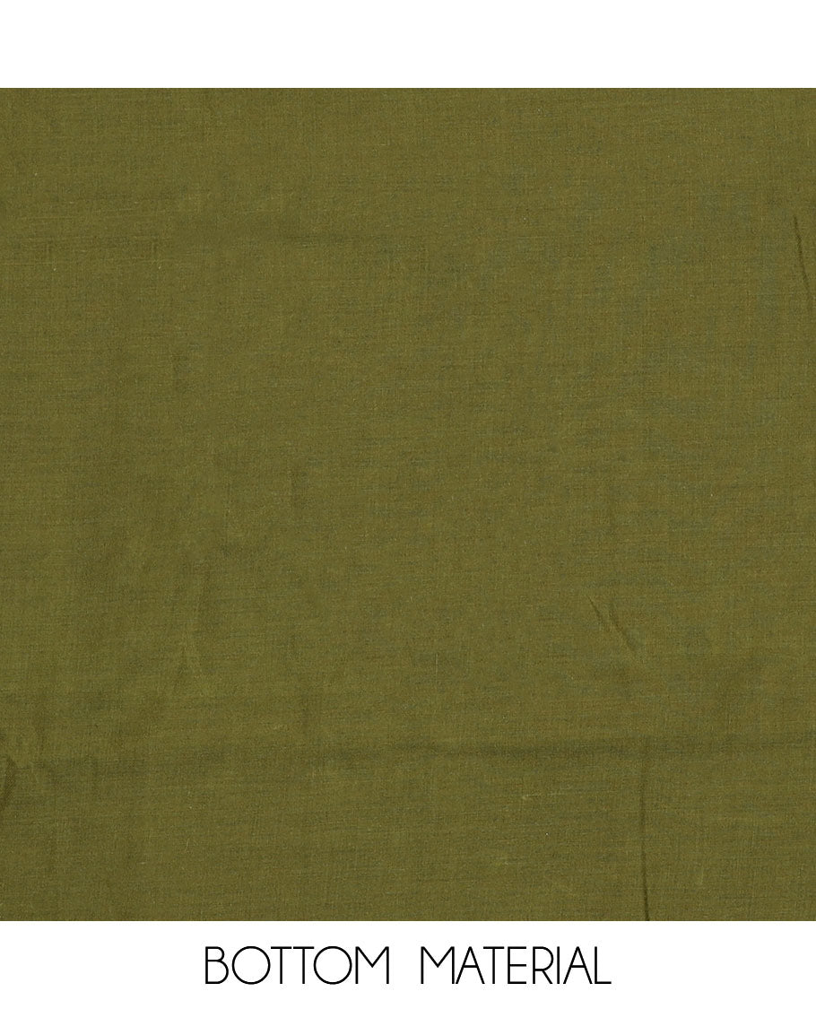 Green material chudidar set, floral vine print with cloth patch embroidered top, plain bottom, and batik-style floral printed dupatta