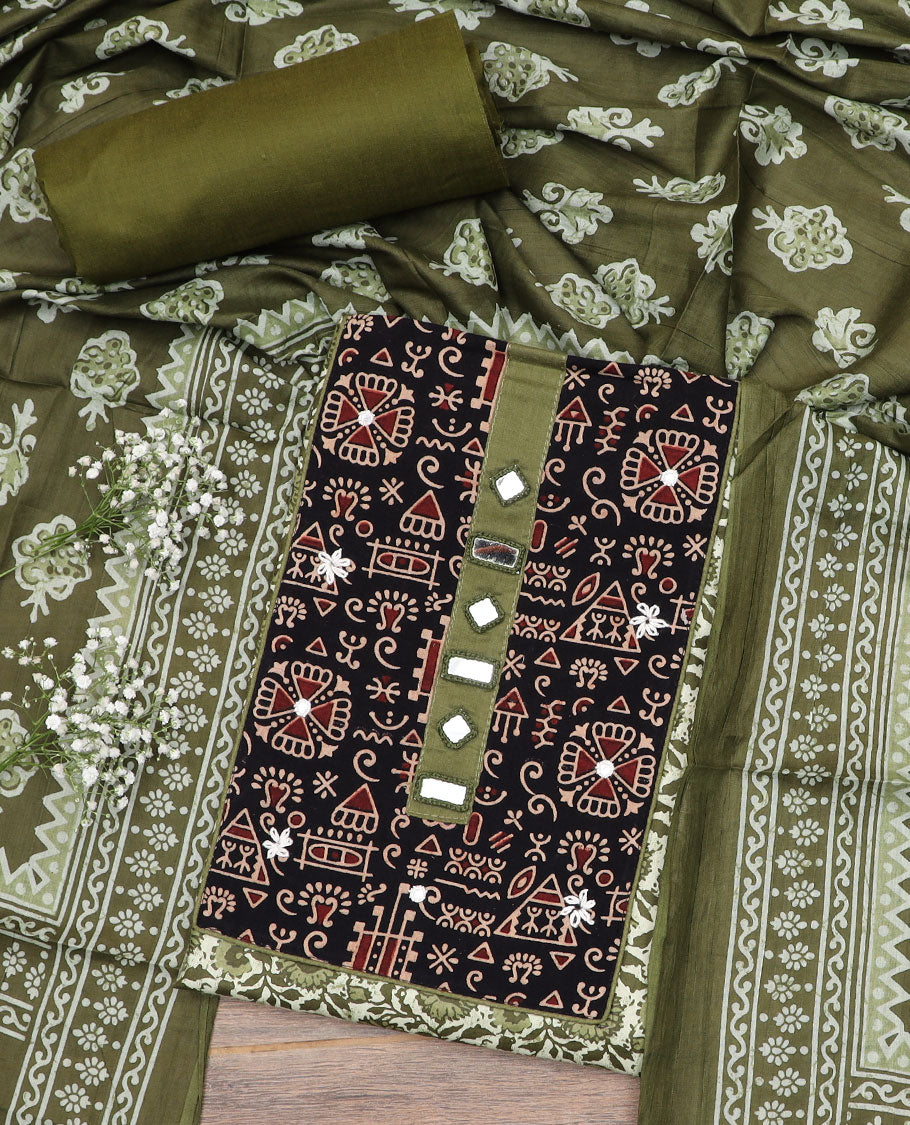 Green material chudidar set, floral vine print with cloth patch embroidered top, plain bottom, and batik-style floral printed dupatta