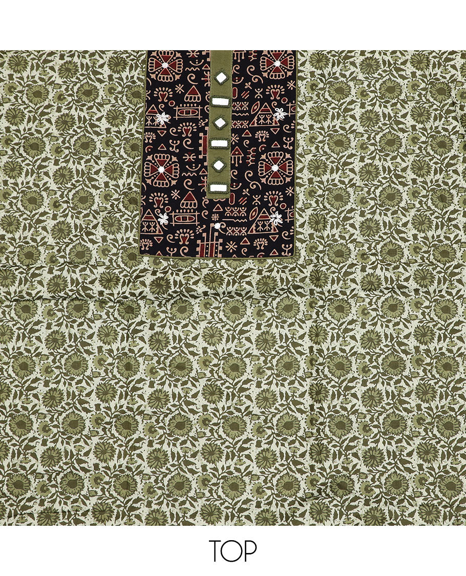 Green material chudidar set, floral vine print with cloth patch embroidered top, plain bottom, and batik-style floral printed dupatta